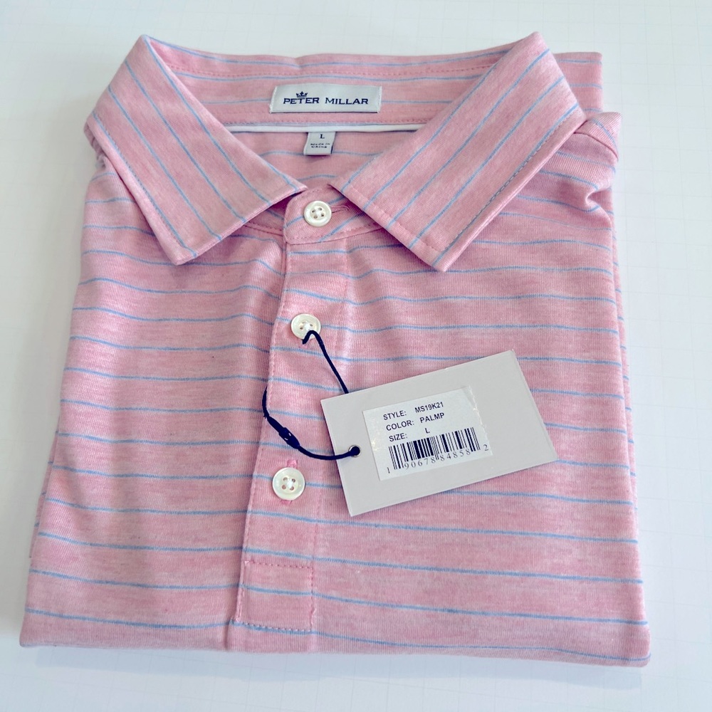 NWT Mens Peter Millar Crown Cool Stripe Polo in Palmer Pink L